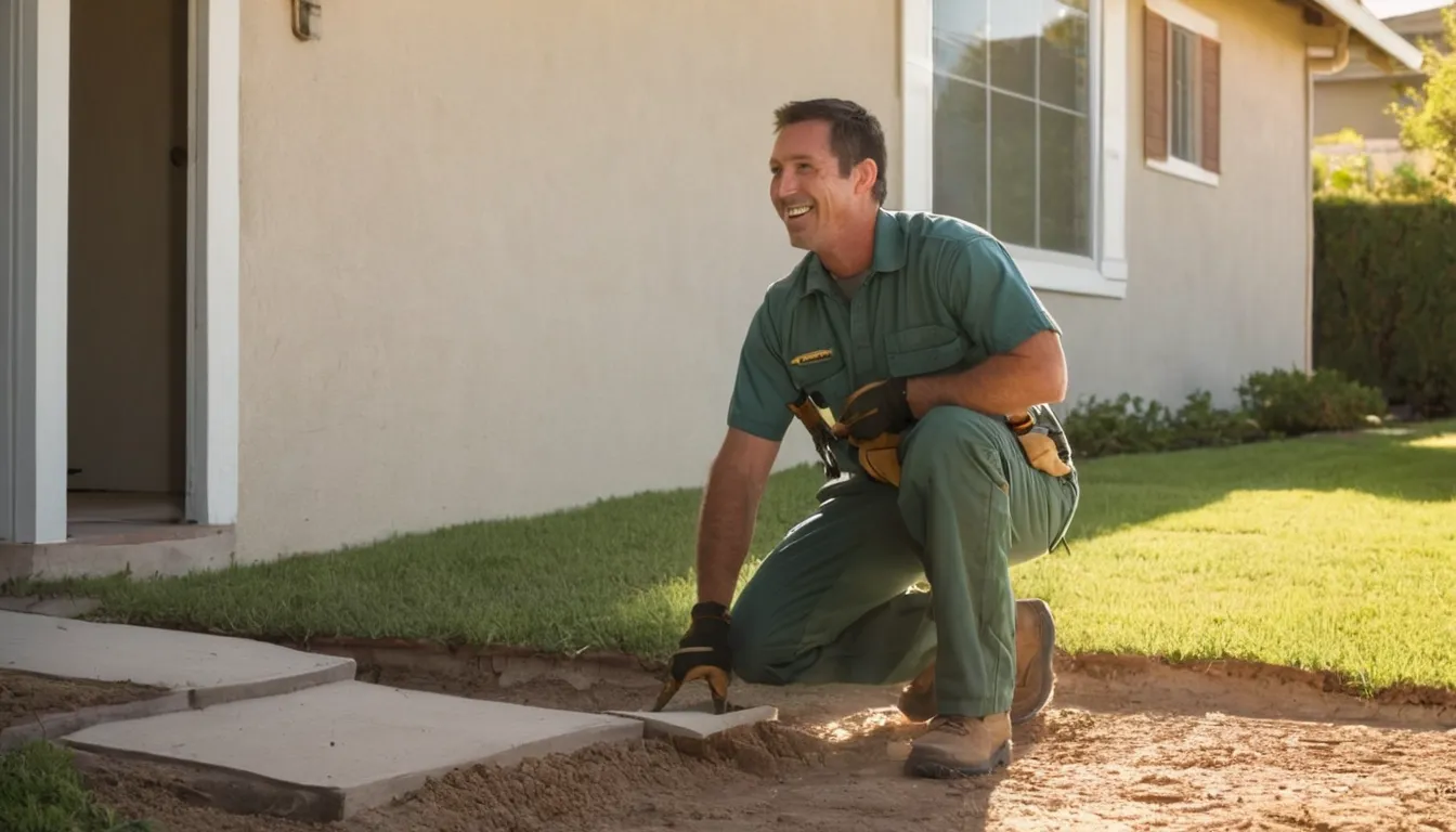 Friendly pest control provider talking with a homeowner outside a stucco ranch home in Brentwood